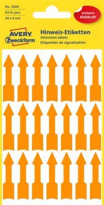 Jelölőnyíl, 39x9 mm, AVERY ZWECKFORM, neon narancs, 63 etikett/csomag