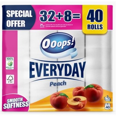 Toalettpapír, 3 rétegű, kistekercses, 32+8 tekercs, OOOPS "Everyday", barack